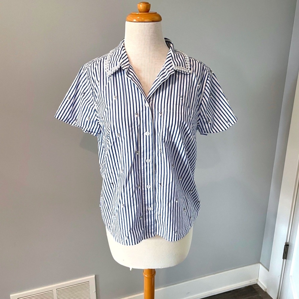Talbots Womens Stripe Pearl Embellished Shirt Blue MP Petite Preppy Coastal Top